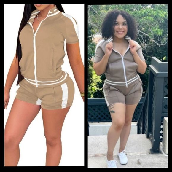The Set Women's Mocha Cold Shoulder Zip Up Track Short 2 Pc Set XLarge - Picture 2 of 11